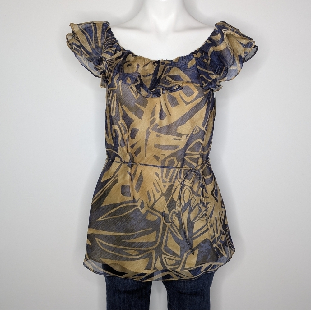 LRL Tan Blue Ruffle Neck Tie Waist Leaf Print Blouse Tank 10